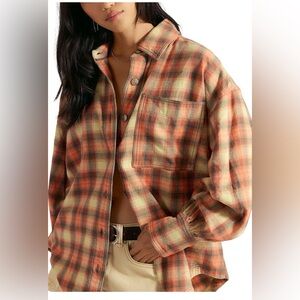 Women’s We The Free Orange and Brown Plaid Oversized Flannel Shirt